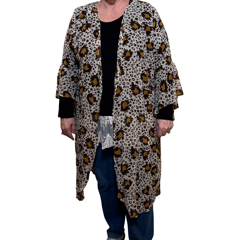 R36-2X NWT Umgee Sheer Animal Print Open Front Long Kimono with Bell Sleeves